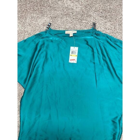 NWT Michael Kors Emerald Green Silver Hardware Strap Dolman Batwing Satin Blouse - Picture 2 of 5